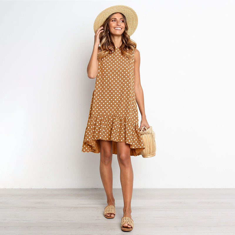 Women Bohemian Summer Polka Dot Sleeveless Ruffled Beach Mini Casual Sundress Fashion Dress