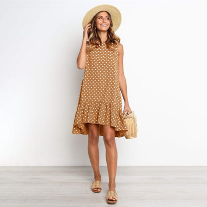 Women Bohemian Summer Polka Dot Sleeveless Ruffled Beach Mini Casual Sundress Fashion Dress