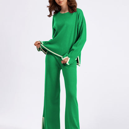 Conjunto de dos piezas de pantalón ancho de punto de manga larga con abertura en contraste para mujer, informal, para otoño e invierno
