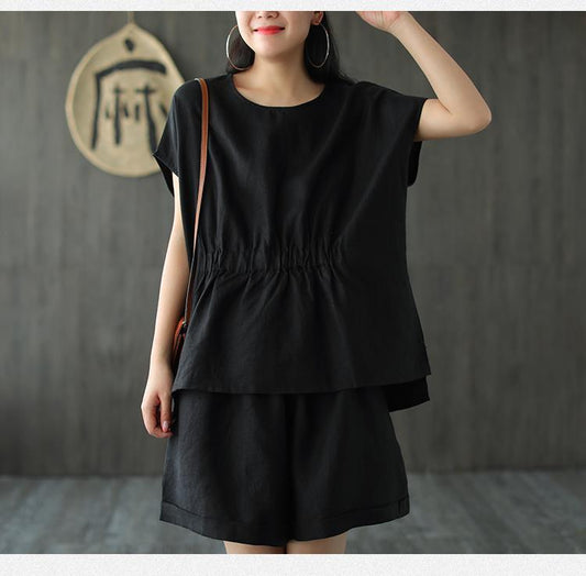 Conjunto de dos piezas de pantalones de lino y algodón de manga corta de color liso informal para mujer