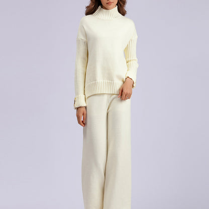 Conjunto de dos piezas de suéter de cuello alto de punto de color liso informal para mujer, otoño e invierno, pantalones de pierna ancha