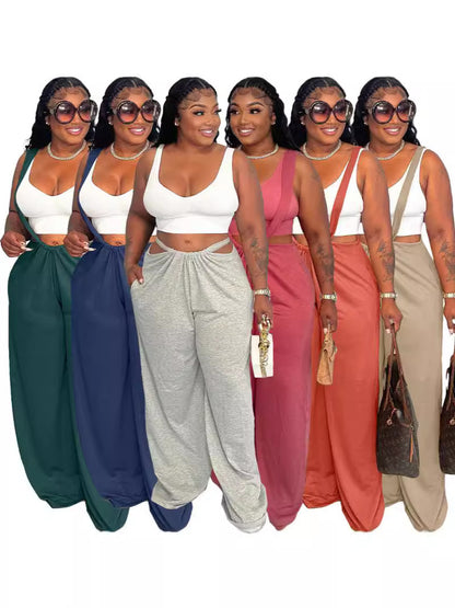 Women Fashion Casual Hip-Hop Solid Color Lace-Up Two-Wear Loose Pant