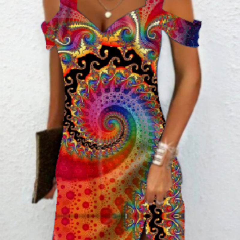 Women Fashion Casual Marble Printed Cool-Shoulder Dress
