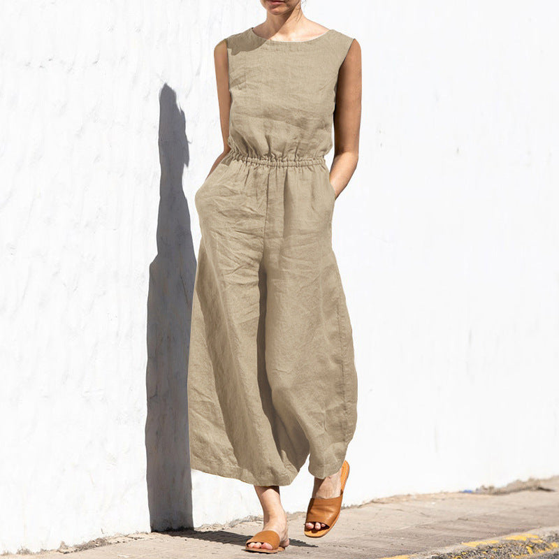 Summer Solid Color High Waist Sleeveless Women Fashion Casual Loose Jumpsuits