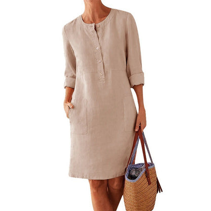 Women'S Casual Solid Color Round Neck Long Sleeve Dress