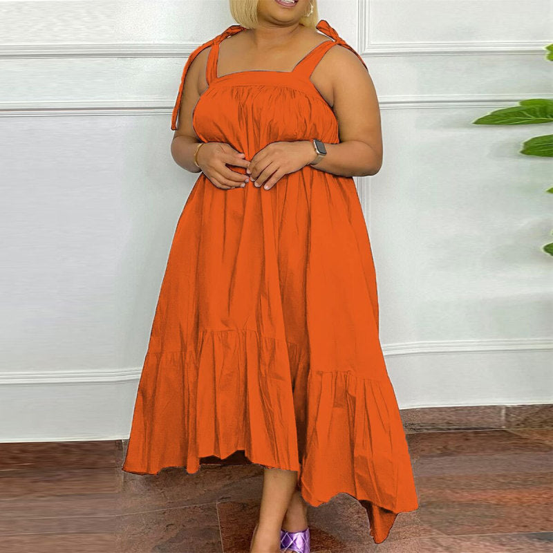Women Fashion Casual Plus Size Solid Color Sling Dress