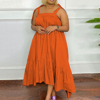 Women Fashion Casual Plus Size Solid Color Sling Dress