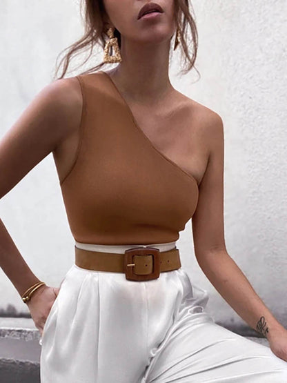 Top básico sin mangas ajustado con un solo hombro de color liso para mujer