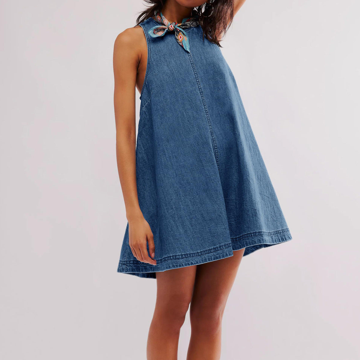 Women Fashion Casual Round-Neck Sleeveless Backless Loose Denim Dress