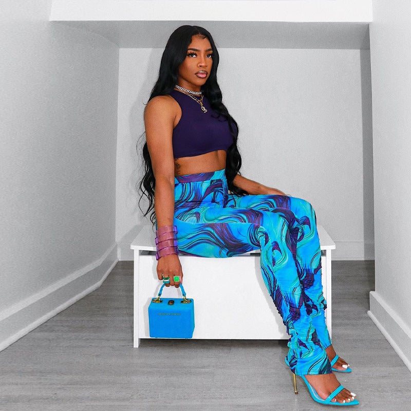 Women Summer Simple Elastic Waist Casual Printing Long Pants