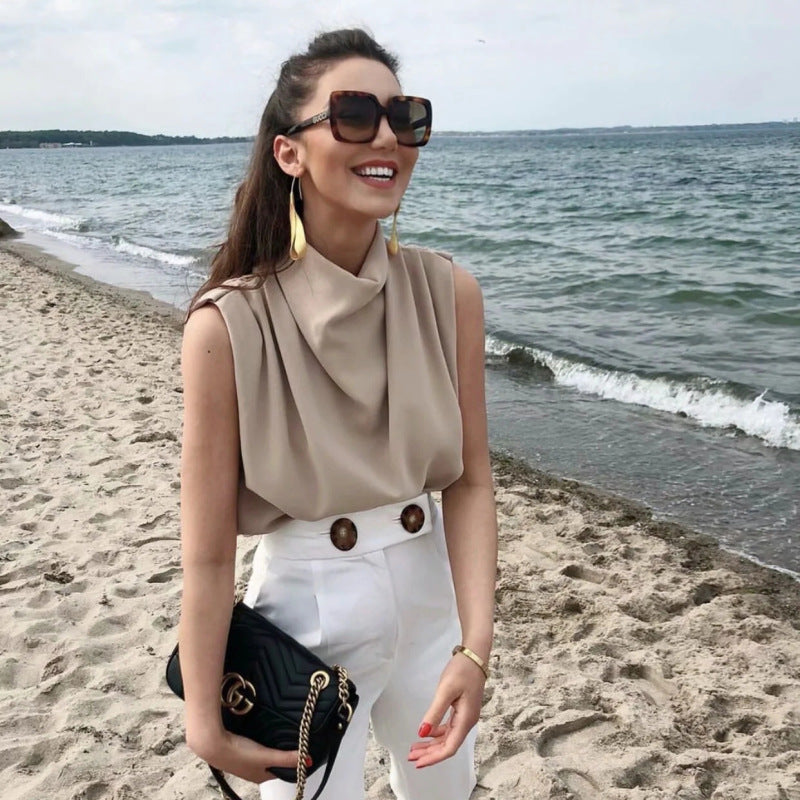 Camisa informal de verano para mujer, sin mangas, con cuello, holgada, de color liso