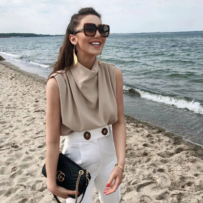 Camisa informal de verano para mujer, sin mangas, con cuello, holgada, de color liso