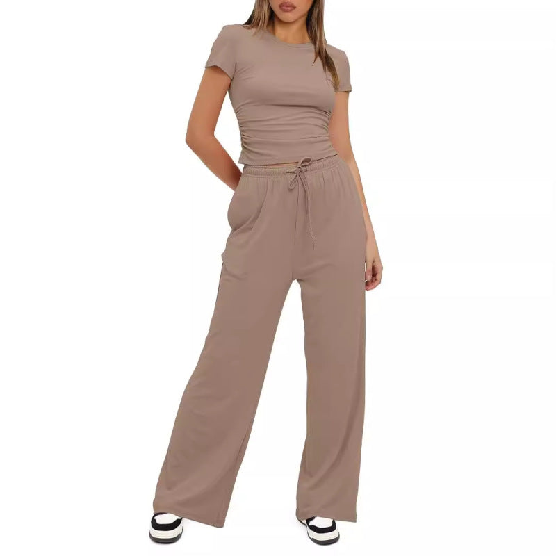 Conjunto deportivo informal de color liso para mujer, con top de manga corta y cintura alta y pantalones anchos