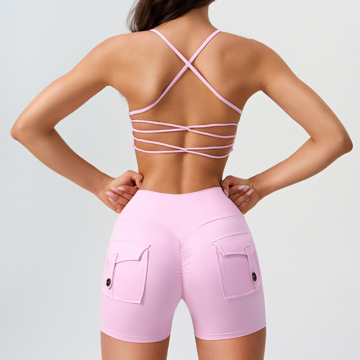 Conjunto de dos piezas de yoga con sujetador y pantalones cortos de cintura alta, estilo casual, sin espalda cruzada y a prueba de golpes para mujer