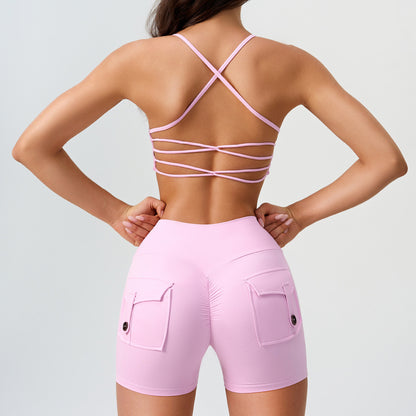 Conjunto de dos piezas de yoga con sujetador y pantalones cortos de cintura alta, estilo casual, sin espalda cruzada y a prueba de golpes para mujer
