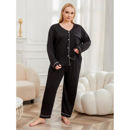 Conjunto de pijama informal para mujer, de talla grande, color liso, manga larga, con top y pantalón de botonadura sencilla