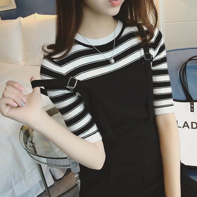 Women Casual Loose Striped Half Sleeve T-Shirt And Suspender Jumpsuit Pants Set