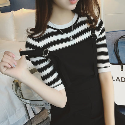 Women Casual Loose Striped Half Sleeve T-Shirt And Suspender Jumpsuit Pants Set