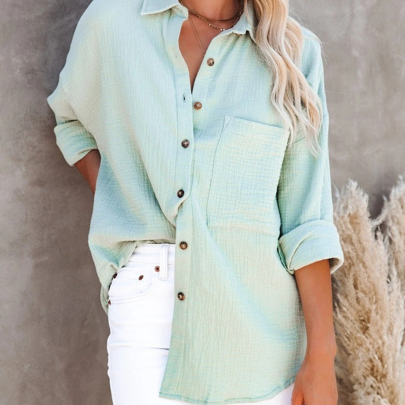 Blusa informal de lino y algodón con botones, cuello en V y manga larga para mujer