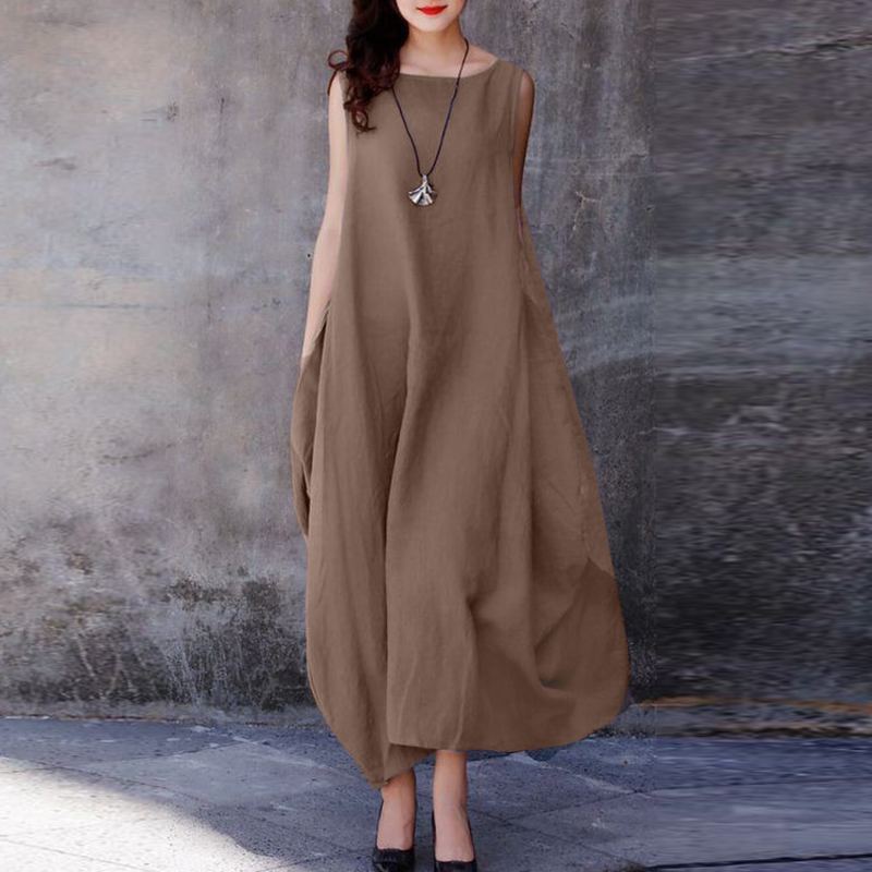 Women Plus Size Casual Loose Round Neck Sleeveless Side Large Ruched Pocket Dress