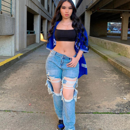 Vaqueros rectos rotos casuales de moda para mujer