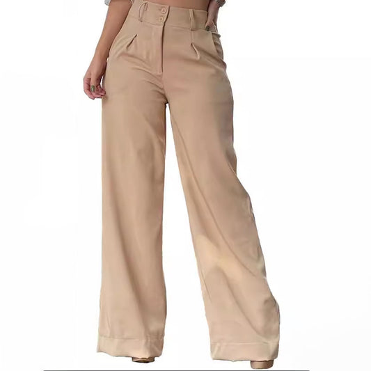 Pantalones anchos de cintura alta de color liso informales a la moda para mujer