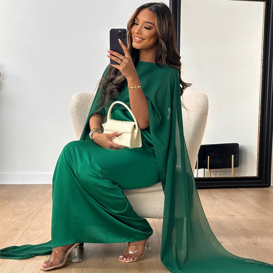 Women Fashion Casual Solid Color Round Neck Loose Abaya Chiffon Maxi Dress