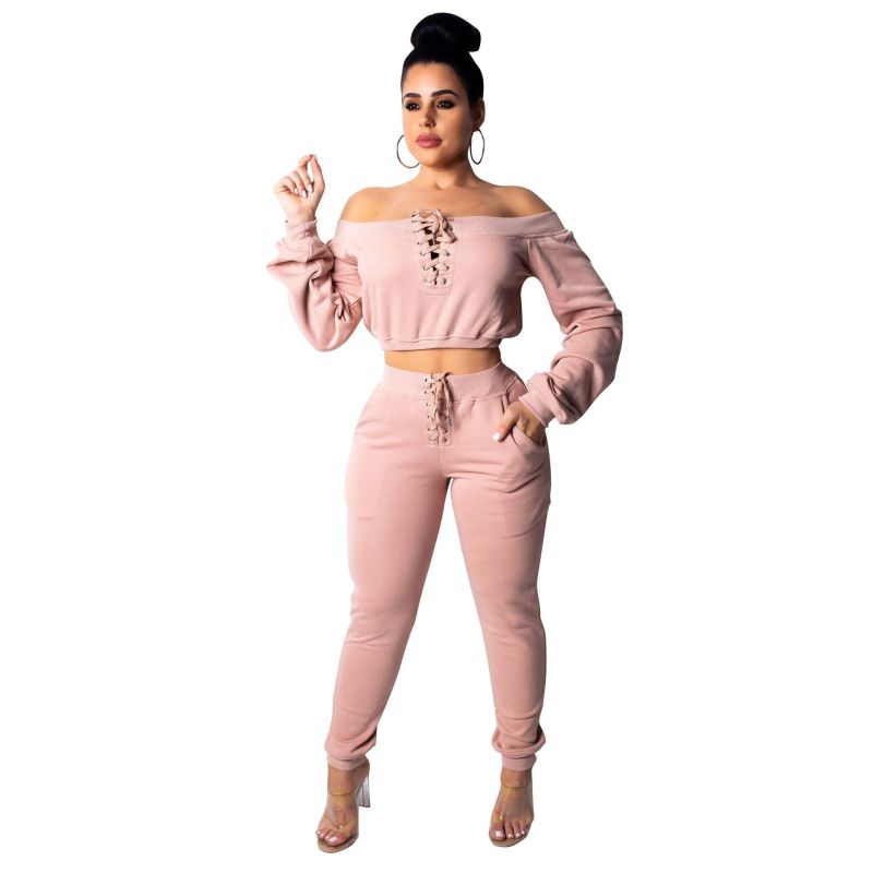Conjunto de dos piezas para mujer, de color liso, manga larga, hombros descubiertos, con cordones y pantalones casuales, a la moda.