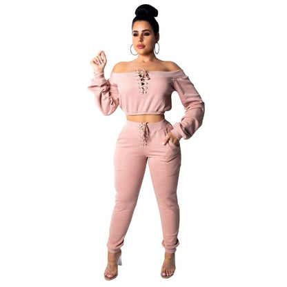 Conjunto de dos piezas para mujer, de color liso, manga larga, hombros descubiertos, con cordones y pantalones casuales, a la moda.