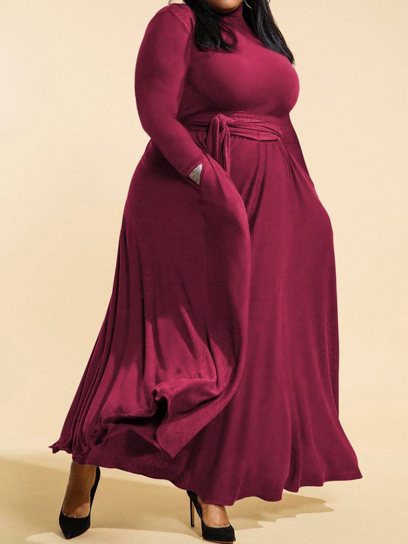 Women Fashion Casual Solid Color High Neck Long Sleeve Lace-Up Plus Size Dress