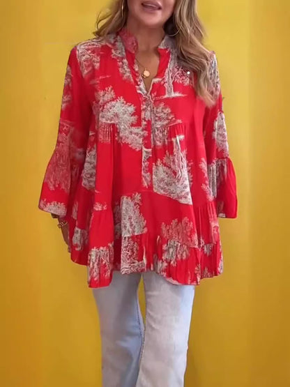 Blusa informal de verano con volantes y manga larga con estampado irregular para mujer