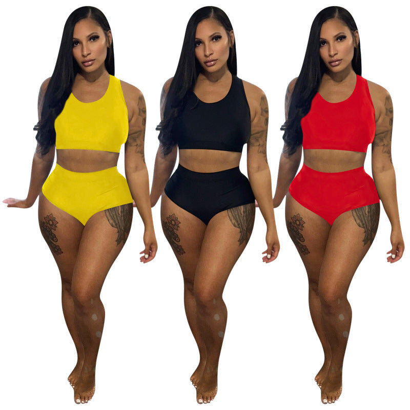 Conjunto deportivo de dos piezas para mujer, sexy, informal, deportivo, de color liso, con camiseta sin mangas y pantalones cortos