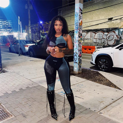 Fashion Women Sexy Sleeveless Graphic Printing Cropped Top Slim Fit Casual Pants Set