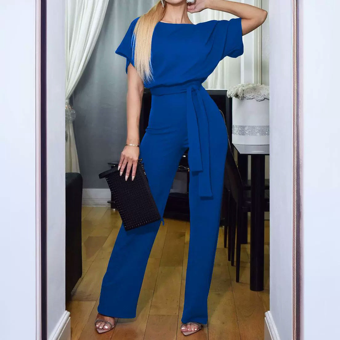 Women Fashion Casual Solid Color Round-Neck Short-Sleeved Lace-Up Button Jumpsuit