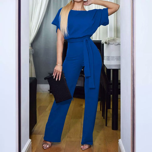 Women Fashion Casual Solid Color Round-Neck Short-Sleeved Lace-Up Button Jumpsuit