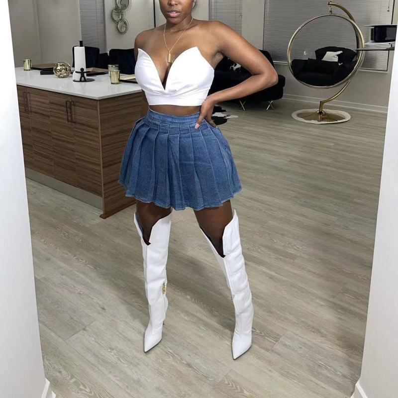 Women Fashion Casual Denim Pleated Skirt