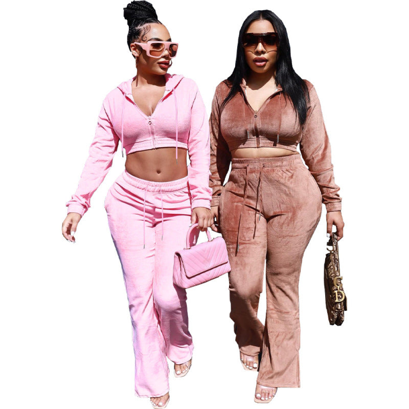 Conjunto deportivo informal de dos piezas para mujer, de terciopelo, con capucha y pantalones cortos de manga larga