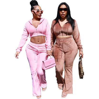 Conjunto deportivo informal de dos piezas para mujer, de terciopelo, con capucha y pantalones cortos de manga larga