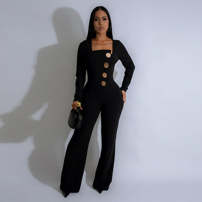 Women Fashion Casual Long Sleeve Button Slim Fit Jumpsuit