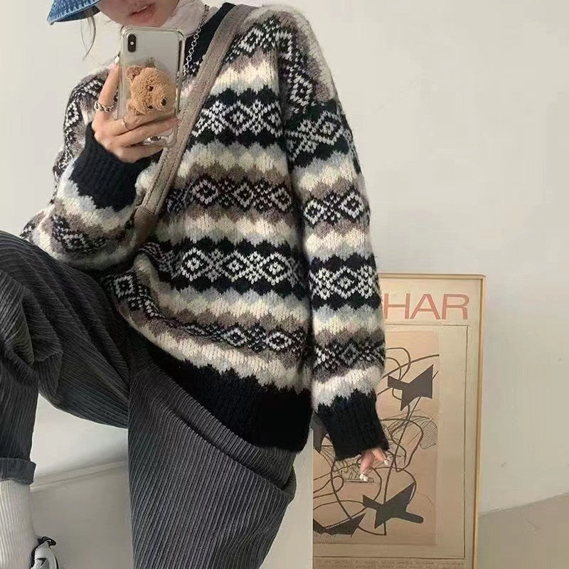 Loose Casual Rhomboid Jacquard Women Knitted Winter Autumn Sweater