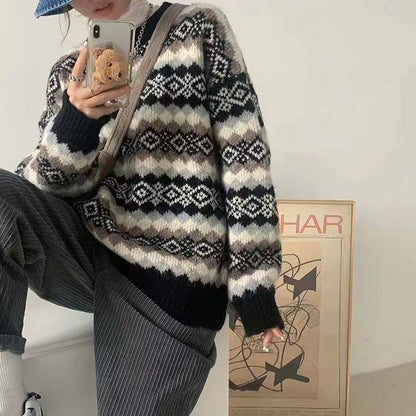 Loose Casual Rhomboid Jacquard Women Knitted Winter Autumn Sweater