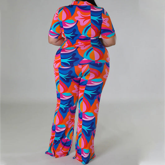 Conjunto de dos piezas de blusa y pantalón de manga corta con estampado gráfico y bloques de color, informal, de talla grande, para mujer