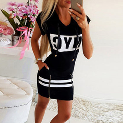 Women Fashion Casual Letter Print Short-Sleeve Hooded Slim-Fit Dress