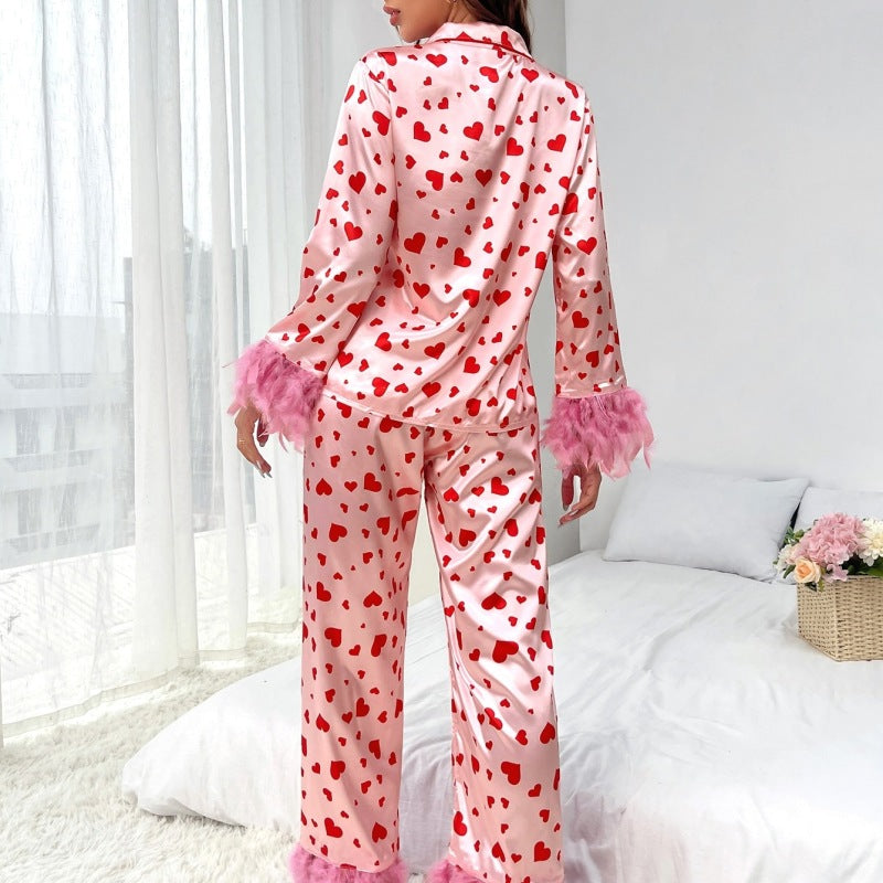 Spring Women Valentine'S Day Sweet Love Heart Print Casual Loungewear Set Feather Plush Pajamas