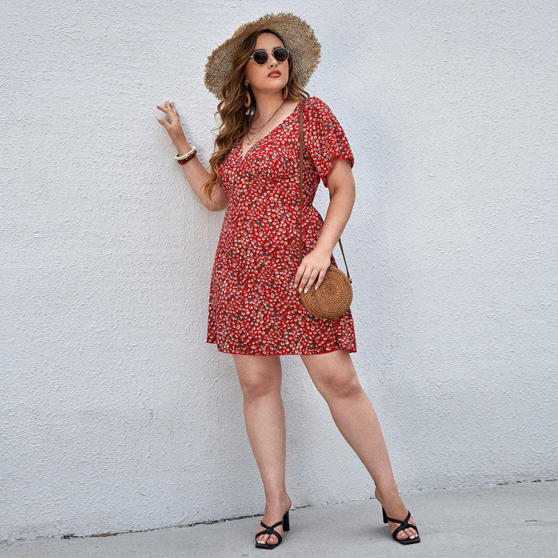 Women Fashion Casual Tiny Flower Printing V-Neck Short Sleeve Plus Size Dress