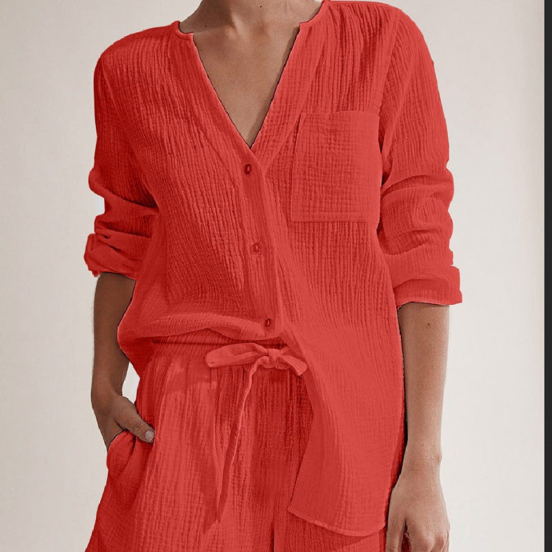 Conjunto de pijama informal de algodón de doble gasa de color liso y manga larga para mujer