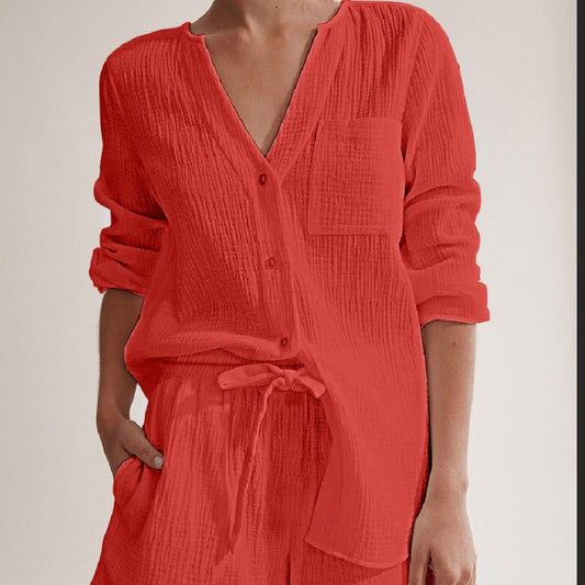 Conjunto de pijama informal de algodón de doble gasa de color liso y manga larga para mujer