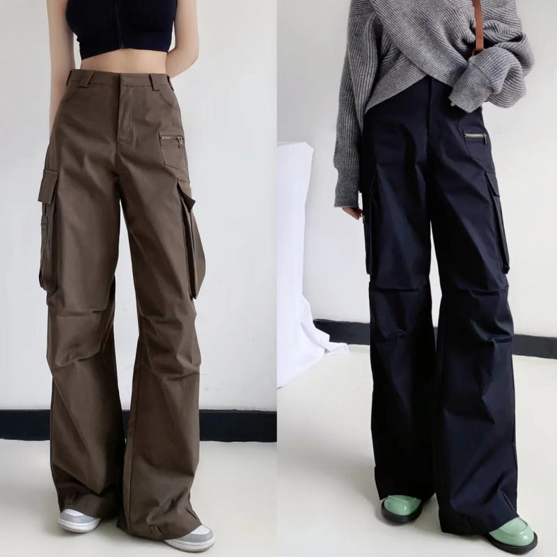 Women Fashion Casual Solid Color High Waist Wide Leg Cargo Pants