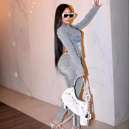 Conjunto de dos piezas de mezclilla ajustada con top de manga larga y cremallera irregular informal para mujer