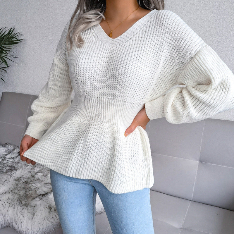 Women Autumn Casual Long Puff Sleeve Solid Color V Neck Knitted Sweater